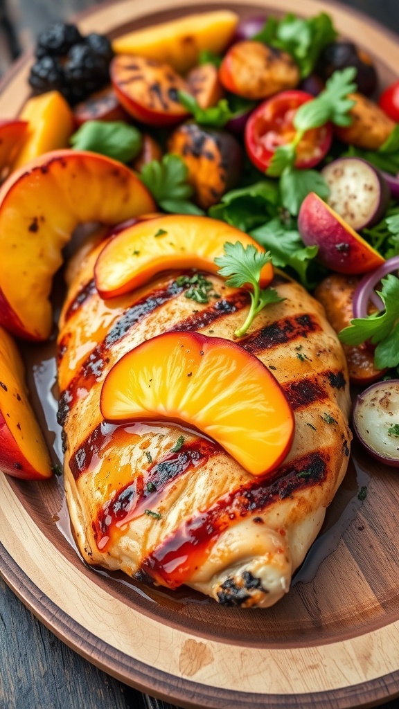 Grilled chicken breast with bourbon peach marinade, garnished with peach slices and herbs on a wooden board with vegetables.